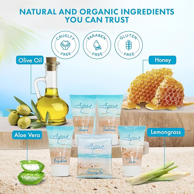 Aqua Organics Amenity & Accessory Kit|1oz Travel Size Shampoo,Conditioner,Lotion,Body Wash,Body Bar, Cleansing Bar, Shave & Dental Sets, Make-Up Remover Wipes & Vanity Kit|60 sets