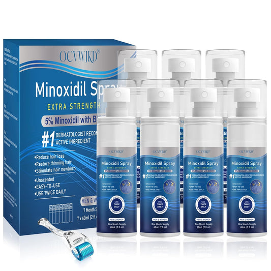 5% Minoxidil for Men and Women, Regrowth Serum, Extra Strength Spray for Hair Loss, Minoxidil 5 Percent, Thicker Healthier Hair, Beard Growth Kit, Topical Treatment, 60ml x 7 Bottles（Extra Strength）