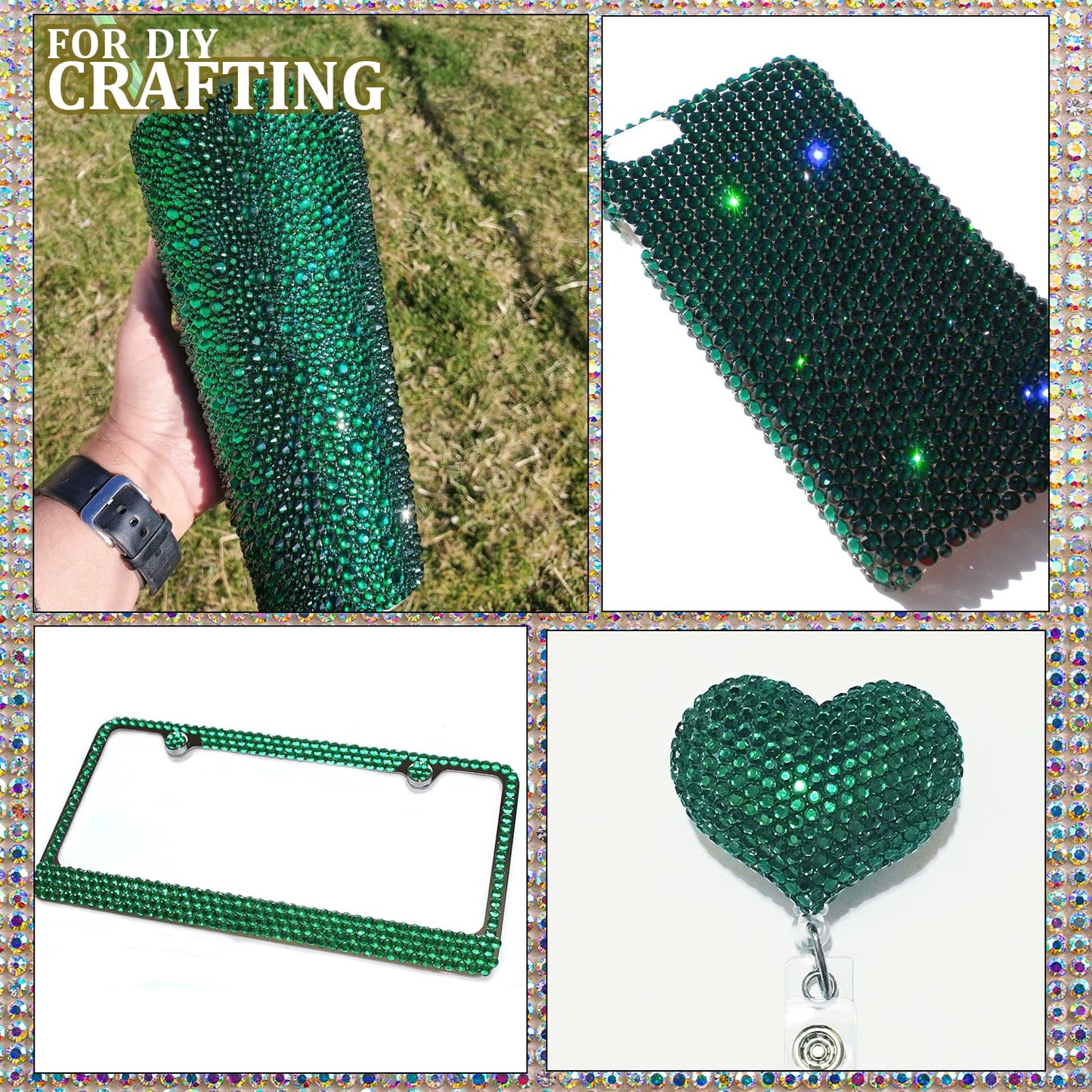 One Pack 2000 Pcs of Flatback Round Dark Green Rhinestones 6 Sizes (1.5-6 mm) with Nail Art Rhinestone Picker Pencil and Tweezers for DIY and Salon Use