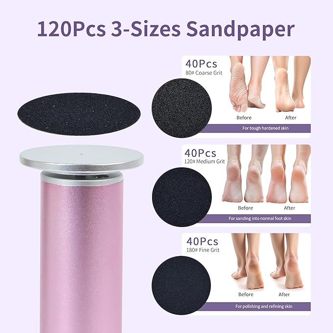 Electric Foot Callus Remover with 120pcs Sandpaper Discs(3 Sizes), Professional 800RPM Aluminum 4.8 Inches Callus Remover for Feet, Stepless Speed Control for Dead Skin (Purple)