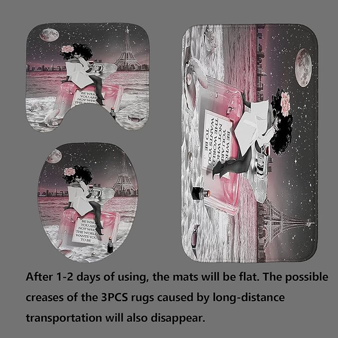 4PCS Sexy Black Girl Shower Curtain Set, Inspirational Quotes African American Woman Full Moon Starry Sky Eiffel Tower Beach Perfume Fashion Bathroom Decor, Non-Slip Bath Mat, Be Who You are