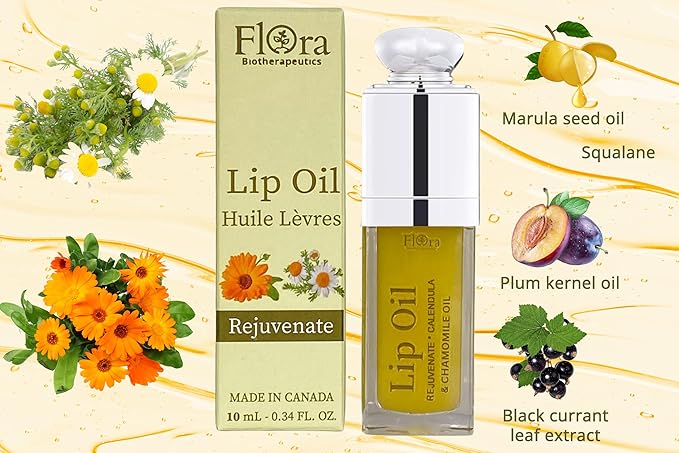 Flora Calendula & Chamomile Lip Oil | Organic, Plant-Based | Rejuvenate | 10 ml | Made in Canada