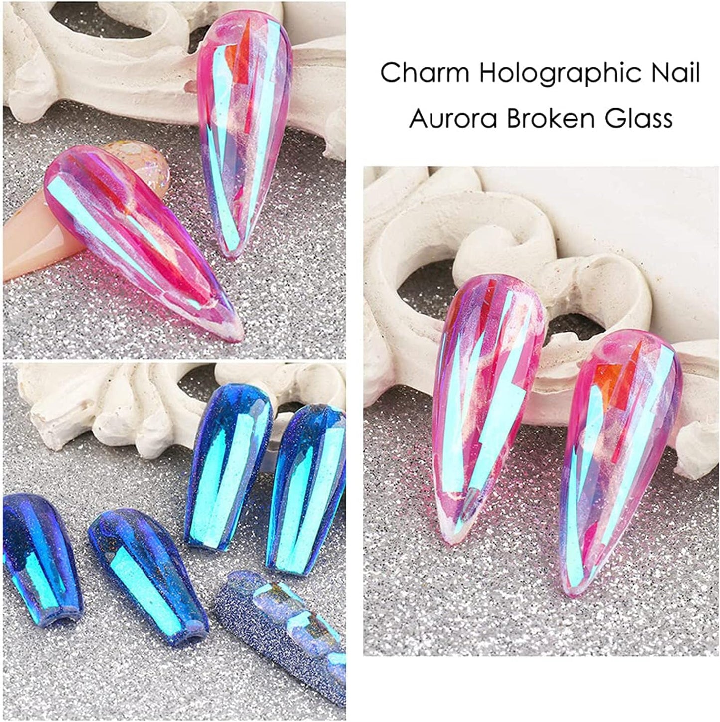 8 Sheets Gradient Glass Paper Nail Art Sticker，Colorful Laser Aurora Cellophane 3D Broken Glass Pieces Mirror Foils Nail Art Decoration for Women Acrylic DIY Nail Art Stickers