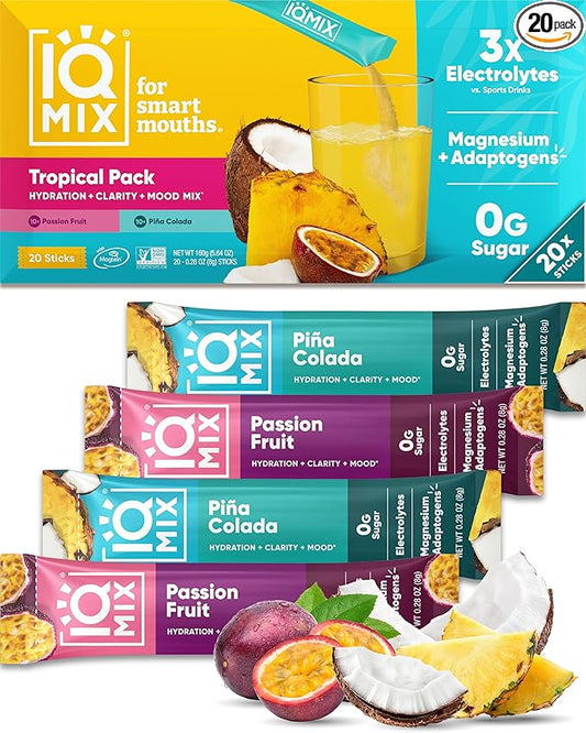 IQMIX Hydration Electrolyte Powder – 4-in-1 Formula for Hydration, Mental Clarity, Mood and Recovery – Sugar-Free Drink Mix, Keto, Magnesium L-Threonate, Lion’s Mane – 20 Count Tropical Variety Pack