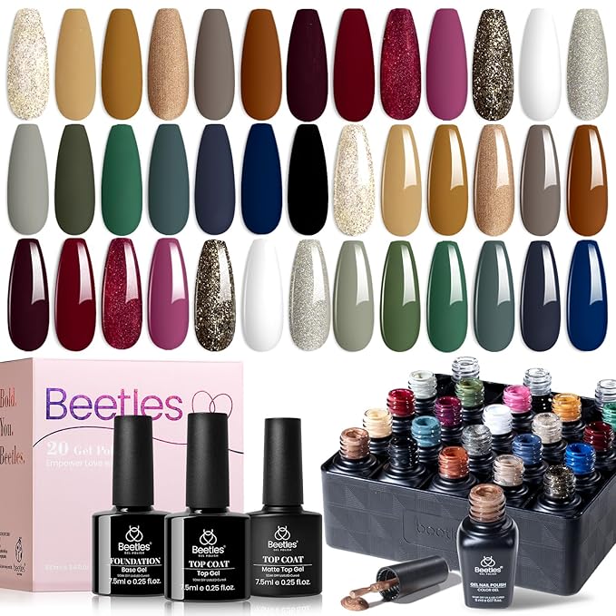 Beetles Fall Gel Nail Polish Set – 20 Colors Brown Burgundy Red Green Orange Glitter Winter Gel Polish, Soak Off UV LED Gel Polish Kit with Base Coat Glossy Matte Top Coat Manicure Gift for Women
