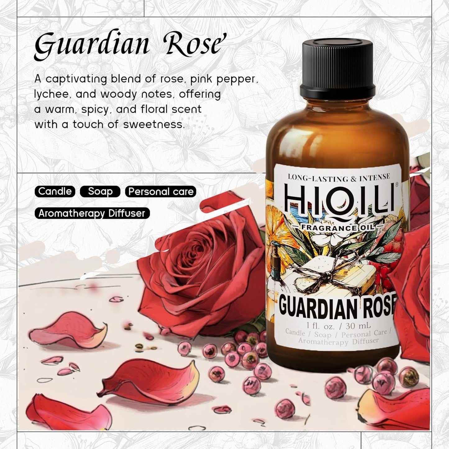 HIQILI Guardian Rose Fragrance Oil for Making Candles, Inspired by Byrdo No Men's Land Rosa, DIY Soaps, Perfume, Scent Diffusers, Skin & Hair Care - 1Fl Oz