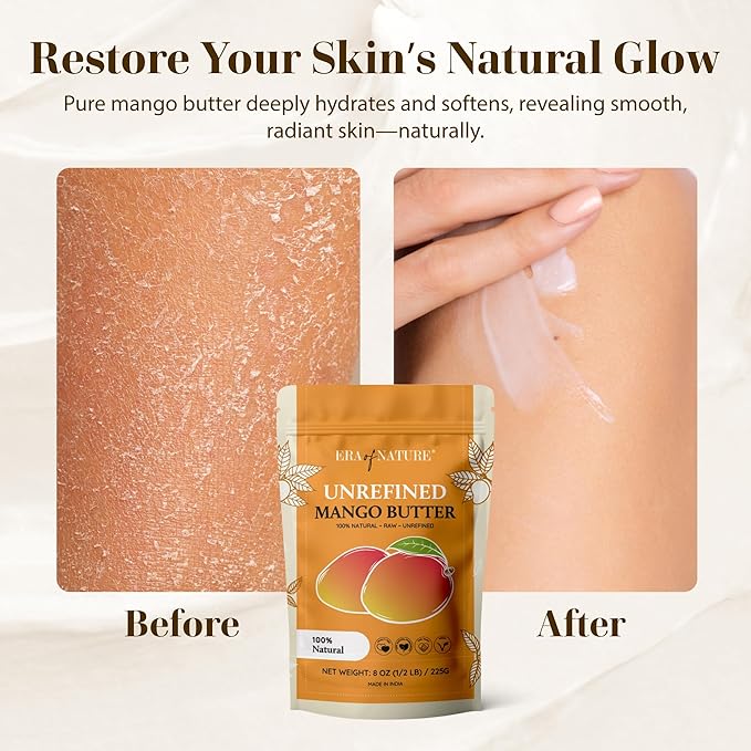 era of nature Organic Unrefined Raw Mango Body Butter Block 8oz - Moisturizing Mango Seed Raw Butter Bar for Skin & Hair, DIY Lip Balm Base, Cream, Soap & Lotion Making Supplies Kit, Personal Skincare