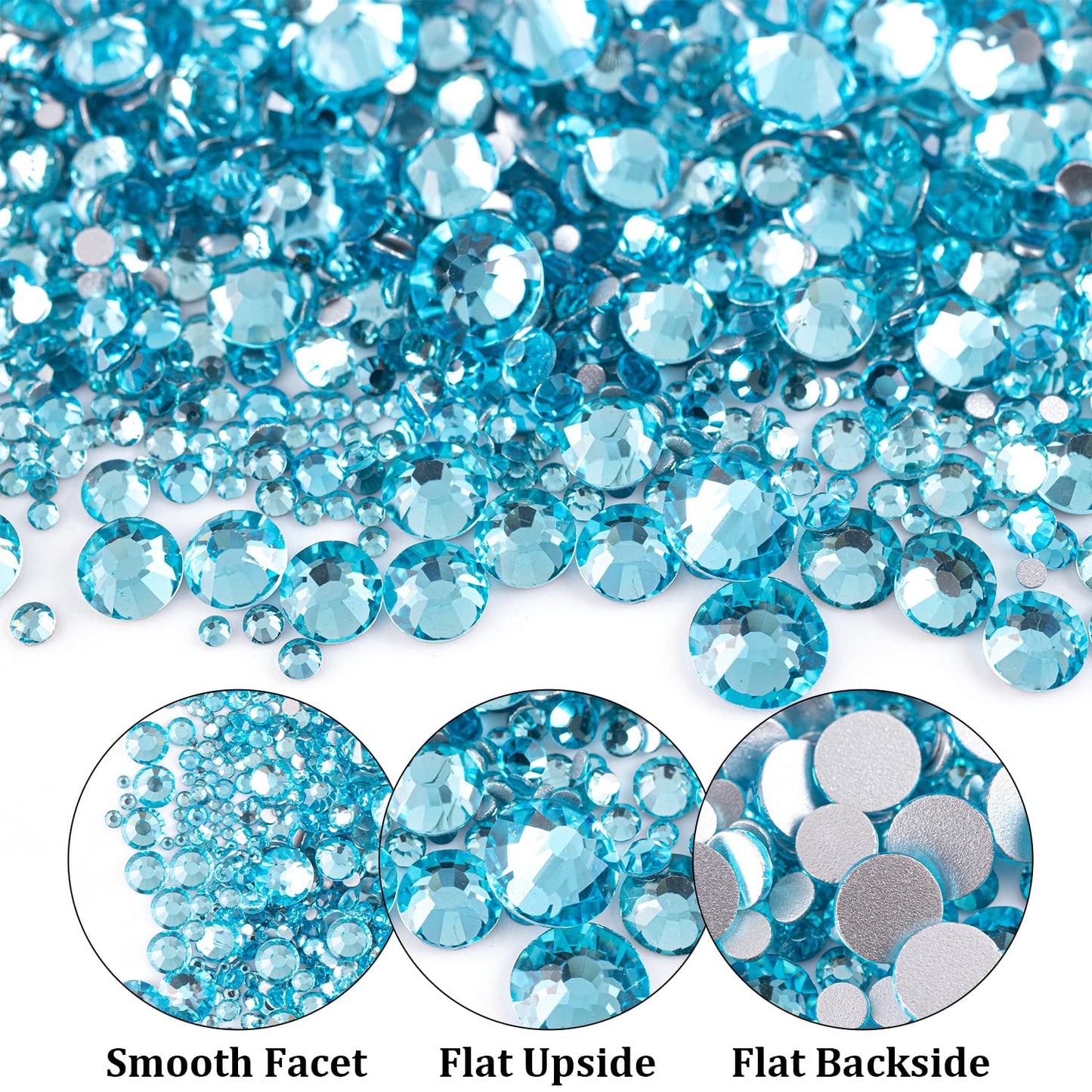 One Pack 2000 Pcs of Flatback Round Lake Blue Rhinestones 6 Sizes (1.5-6 mm) with Nail Art Rhinestone Picker Pencil and Tweezers for DIY and Salon Use