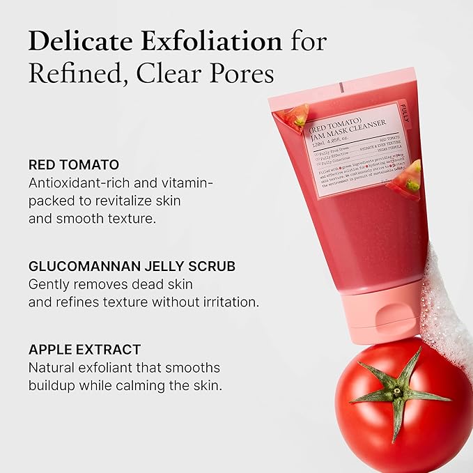 FULLY Red Tomato Jam Mask Cleanser, Gentle Exfoliation, Refines Skin Texture, Clear Pores, Hydration, Face Wash, Vegan, Rough & Sensitive Skin, Korean Skincare 4.05 fl.oz