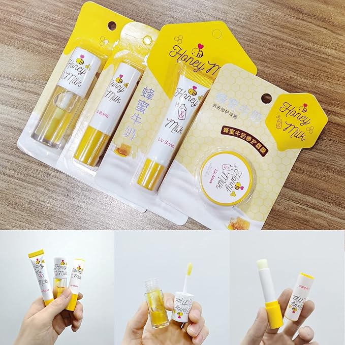 4 Piece Honey Milk Lip Mask Lip Balm Lip Scrub Lip Oil Lip Care Kit, Moisturizing & Nourishing Dry and Cracked Lips, Overnight Sleeping Lip Exfoliator Lip Moisturizer Lip Repair