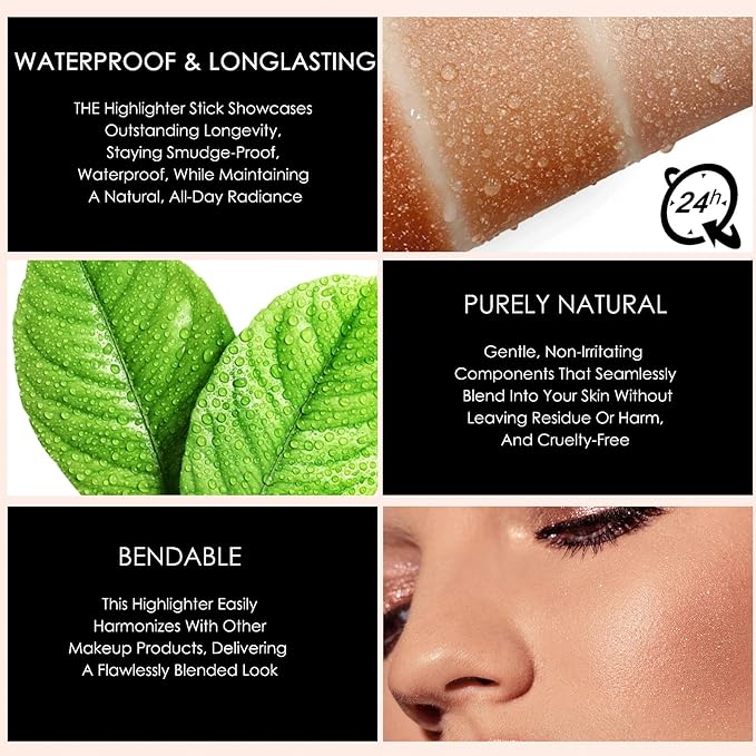 Highlighter Makeup Stick - Blush Highlighters Makeup Stick for Face & Body, Natural Silky Shimmer Highlight, Bendable Long Lasting Highlighter Wand, Cream Korean Highlighter (Soft Pink)