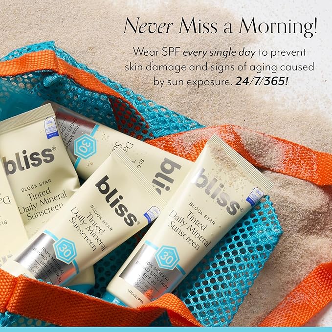 Bliss Block Star SPF 30 Daily Tinted Mineral Sunscreen with Zinc Oxide - All Skin Tones - 100% Mineral Broad Spectrum Sunscreen with Titanium Dioxide & Antioxidant Blend- 1.4 fl oz.