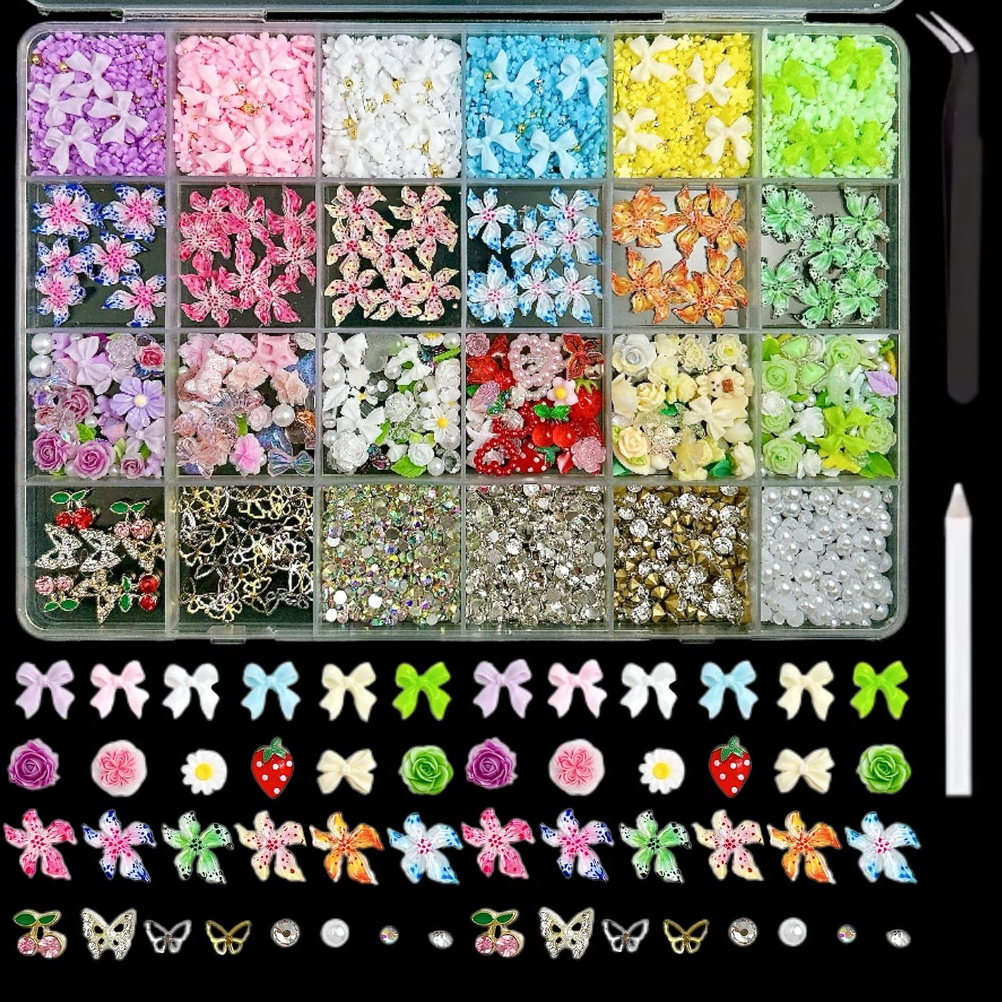 Flower Bow Nail Charms and Gems, 3D Resin Blossom Petals with Caviar Beads Charms for Nails Design，Flatback Pearl Charms Cherry Butterfly Rhinestone Nail Charms for Manicure DIY