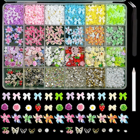 Flower Bow Nail Charms and Gems, 3D Resin Blossom Petals with Caviar Beads Charms for Nails Design，Flatback Pearl Charms Cherry Butterfly Rhinestone Nail Charms for Manicure DIY