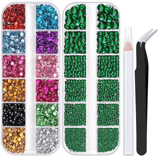 Two Packs of Flatback Rhinestones 4520 Pcs Colorful Nail Art Rhinestones Flatback Crystal Colorful+Dark Green Rhinestone with Picker Pencil and Tweezer for Nail Art and Decoration