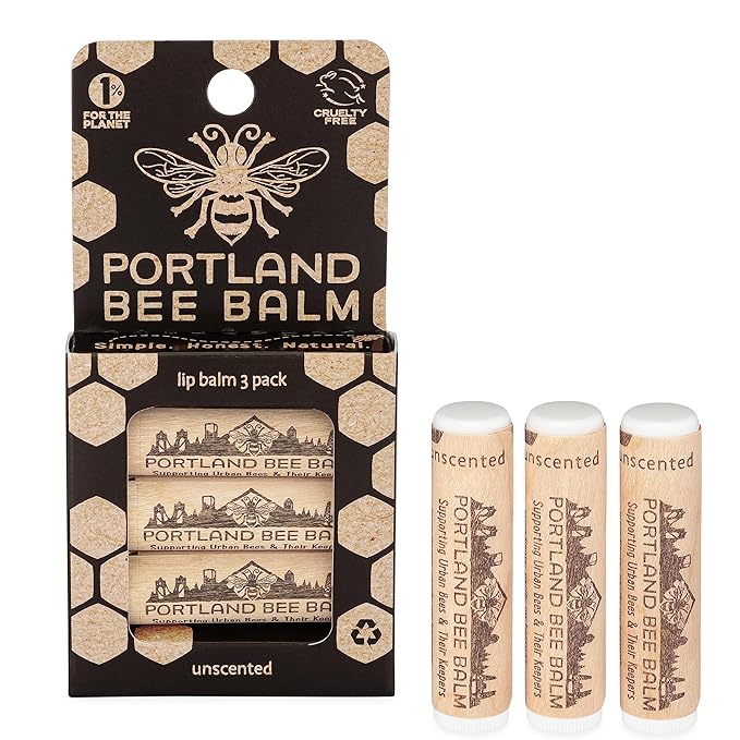 Portland Bee Balm All Natural Handmade Beeswax Based Lip Balm, Unscented 3 Count