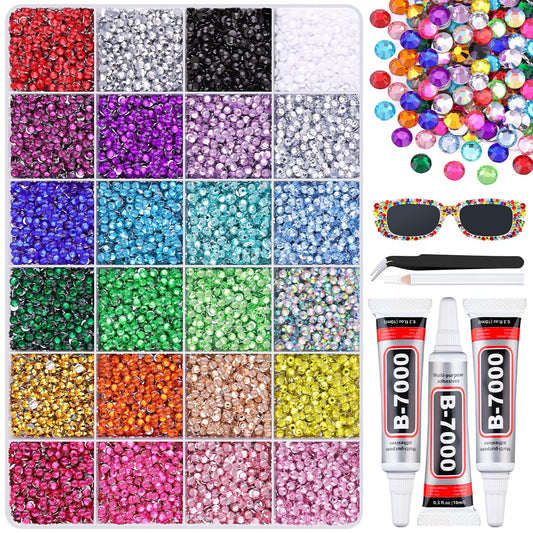 24000Pcs Resin Rhinestones with 3Pcs B7000 Jewelry Glue for Crafting, Multicolors 3mm Non Hotfix Flatback Gems, Bedazzling Crystal for DIY Crafts Clothing Tumblers Mugs Shoes Fabric Decor Nail Art