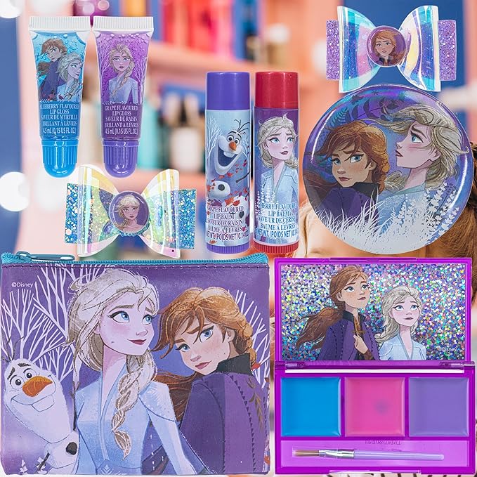 Disney Frozen - Townley Girl Super Sparkly Cosmetic Beauty Makeup Set For Girls with Clips, Lip Gloss, Nail Stickers, Lip Balm, Nail Gems and Mirror For Parties, Sleepovers & Makeovers
