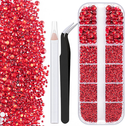 One Pack 2000 Pcs of Flatback Round Red Rhinestones 6 Sizes (1.5-6 mm) with Nail Art Rhinestone Picker Pencil and Tweezers for DIY and Salon Use