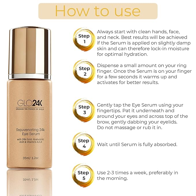 GLO24K Eye Serum with 24k Gold, Hyaluronic Acid, and Vitamins A,C,E. Potent Formula for the delicate skin around the eyes.
