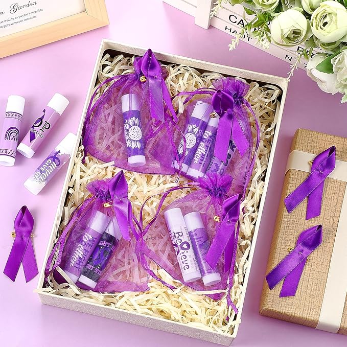 50 Set Overdose Awareness Lip Balms Gifts with 50 Organza Bags 50 Purple Awareness Ribbon Pins Raise Awareness for Domestic Violence Pancreatic Cancer Lupus Alzheimer's Awareness