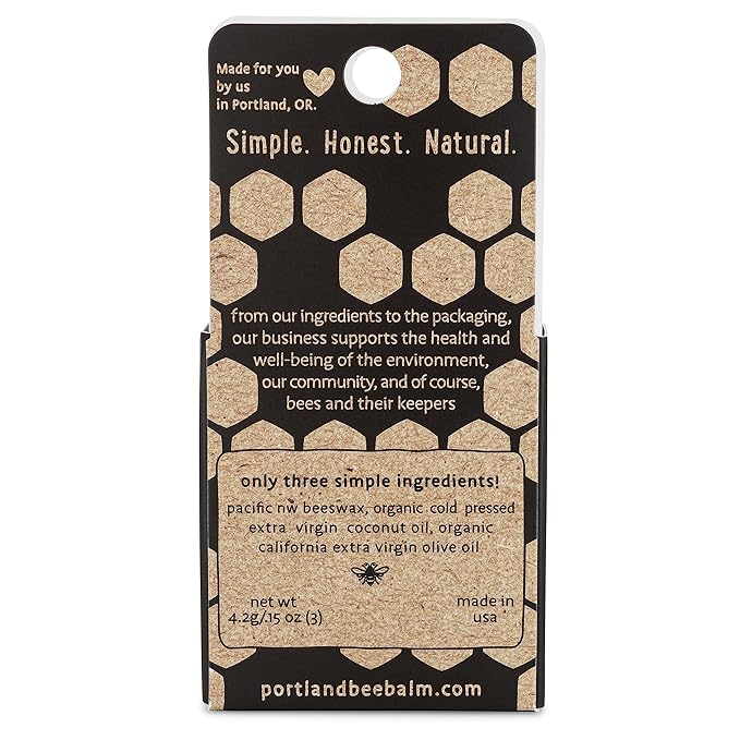 Portland Bee Balm All Natural Handmade Beeswax Based Lip Balm, Unscented 3 Count