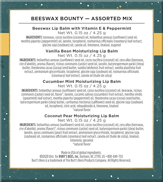 Burt’s Bees Holiday Gift, 4 Lip Balm Stocking Stuffer Products, Beeswax Bounty Assorted Set - Original Beeswax, Vanilla Bean, Cucumber Mint & Coconut Pear (Old Verison)