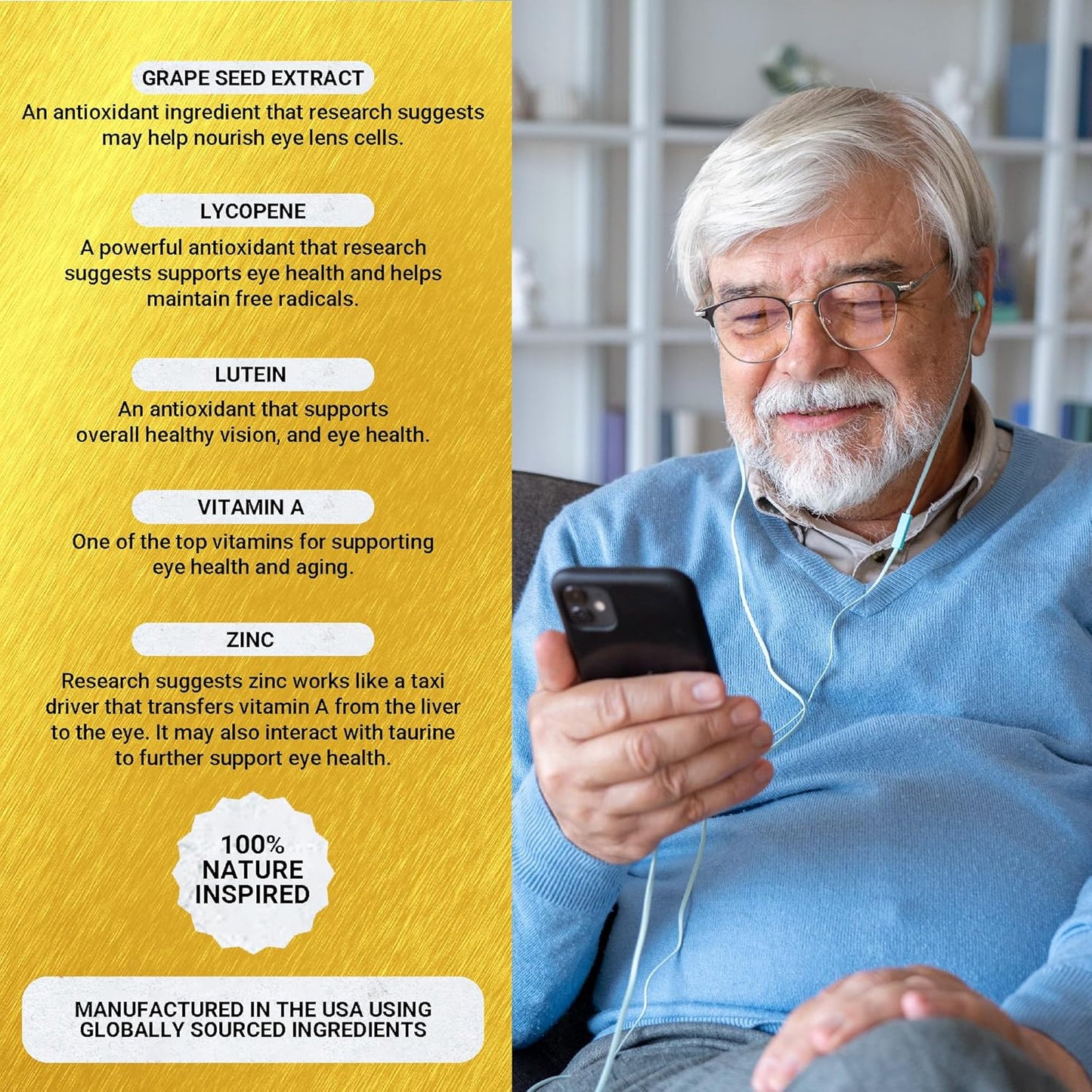 Golden After 50 VpMax-9 - Sight Care and Antioxidant Supplement with Eye Vitamins, Lutein, Lycopene and Bilberry Extract - 6 Bottles