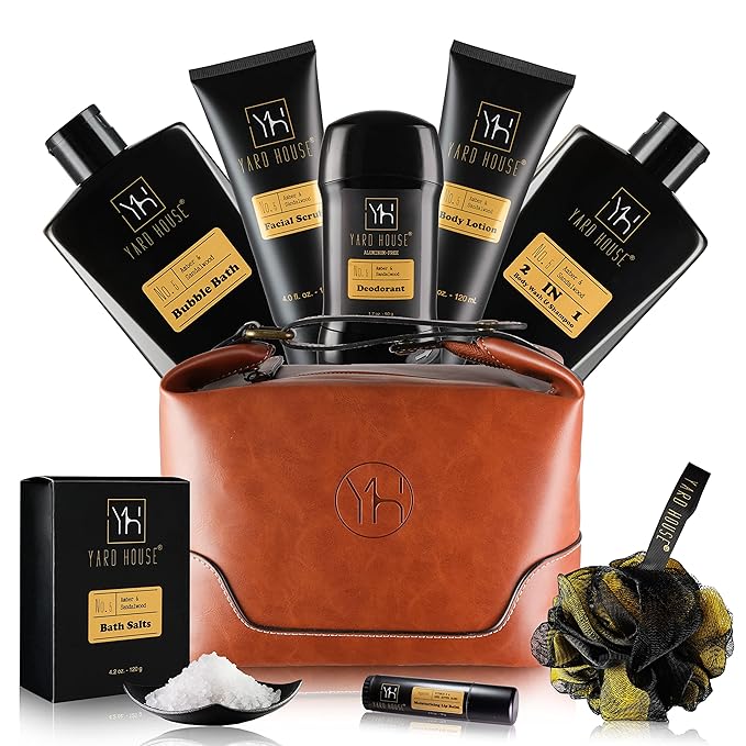 Bath and Body Gift Set for Men - Sandalwood Amber - Birthday, Christmas, Fathers Day Gifts From Wife Daughter Son for Husband, Dad - Relax Spa Kit w. Full Size Items in Deluxe Toiletry Bag