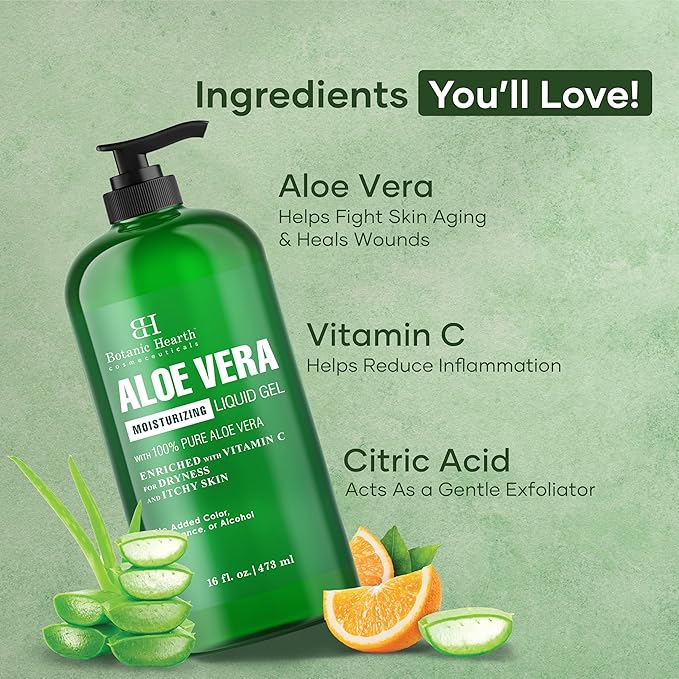 Botanic Hearth Aloe Vera Moisturizing Liquid Gel – 100% Pure Aloe, Enriched with Vitamin C for Dry & Itchy Skin – No Added Color, Fragrance, or Alcohol – 16 fl. oz
