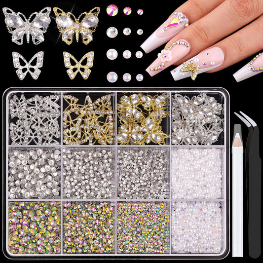 50Pcs 2 Styles 3D Butterfly Nail Charms and Flatback Gems Pearl, Silver+Gold Shiny Luxury Gems, Crystal Jewels Studs with Rhinestones for Nail Design, Nail Art Decoration Set for Acrylic Nails