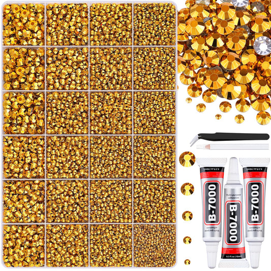 30000Pcs Resin Gold Rhinestones for Bedazzling Crafting with b7000 Jewelry Glue, Bulk Flatback Gems Bedazzler Kit for Crafts Clothes Shoes Fabric Nail Diamond Art, Assorted Size 2/3/4/5/6mm