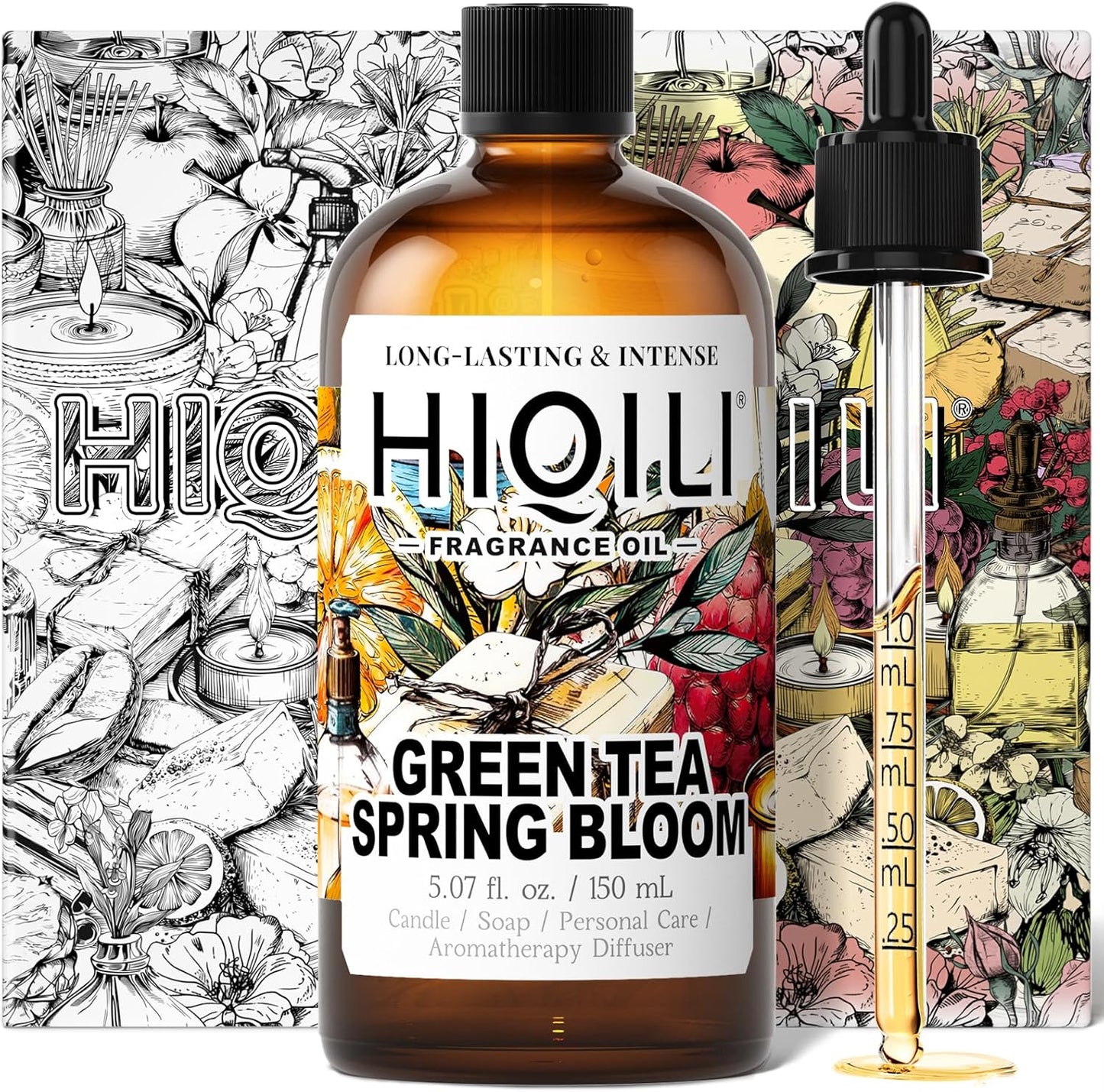 HIQILI Green Tea Spring Bloom Fragrance Oil for Diffuser, Inspired by Eliz.Ar-den Grn Tea, DIY Perfume, Candle, Soap Making, Long Lasting Uplifting & Crisp Scents - 5.07 Fl Oz