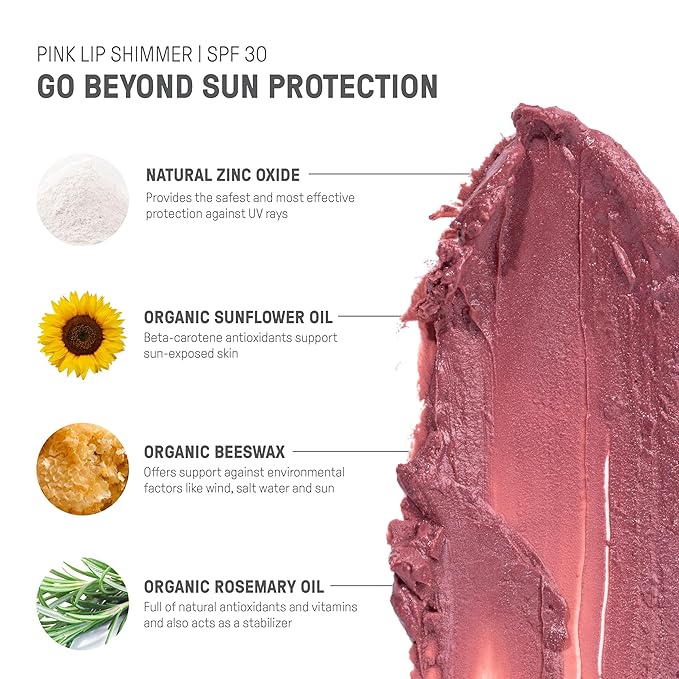Raw Elements Organic Pink Lip Shimmer Zinc Oxide SPF 30+, 0.15oz