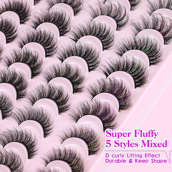JIMIRE False Eyelashes Natural Fluffy Wispy Faux Mink Lashes 5D 14mm-18mm 5 Styles Mixed Lashes for Small Eyes Natural Look Fake Eyelashes 20 Pairs Multipack