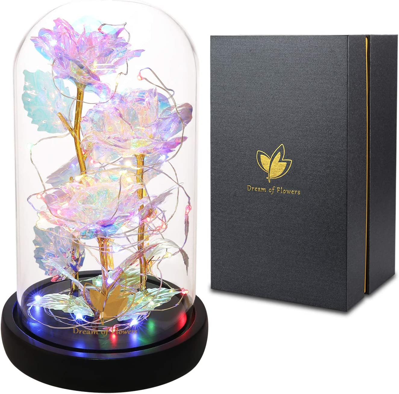 Mothers Flowers Gifts for Mom,Birthday Gifts for Women,Beauty and the Beast Rose,Colorful Rainbow Light up Rose in a Glass Dome Mom,Women,Wife'S,Grandma