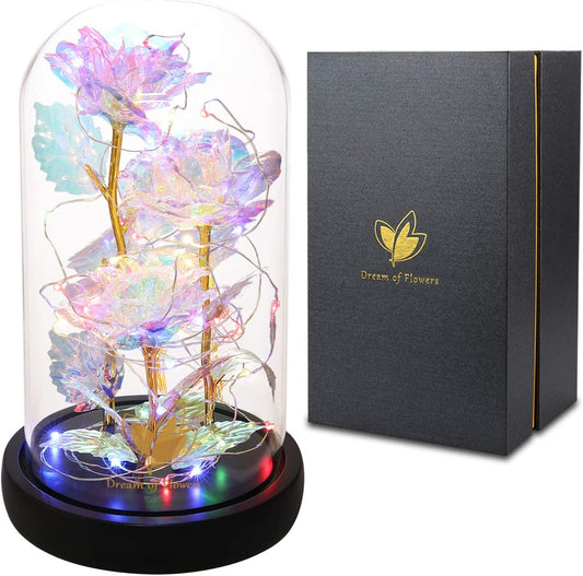 Mothers Flowers Gifts for Mom,Birthday Gifts for Women,Beauty and the Beast Rose,Colorful Rainbow Light up Rose in a Glass Dome Mom,Women,Wife'S,Grandma