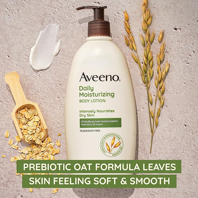 Aveeno Daily Moisturizing Body Lotion, Body Lotion for Dry Skin with Prebiotic Oat, Paraben Free, Fragrance Free, Non-Greasy, Non-Comedogenic Moisturizer, 8 FL OZ