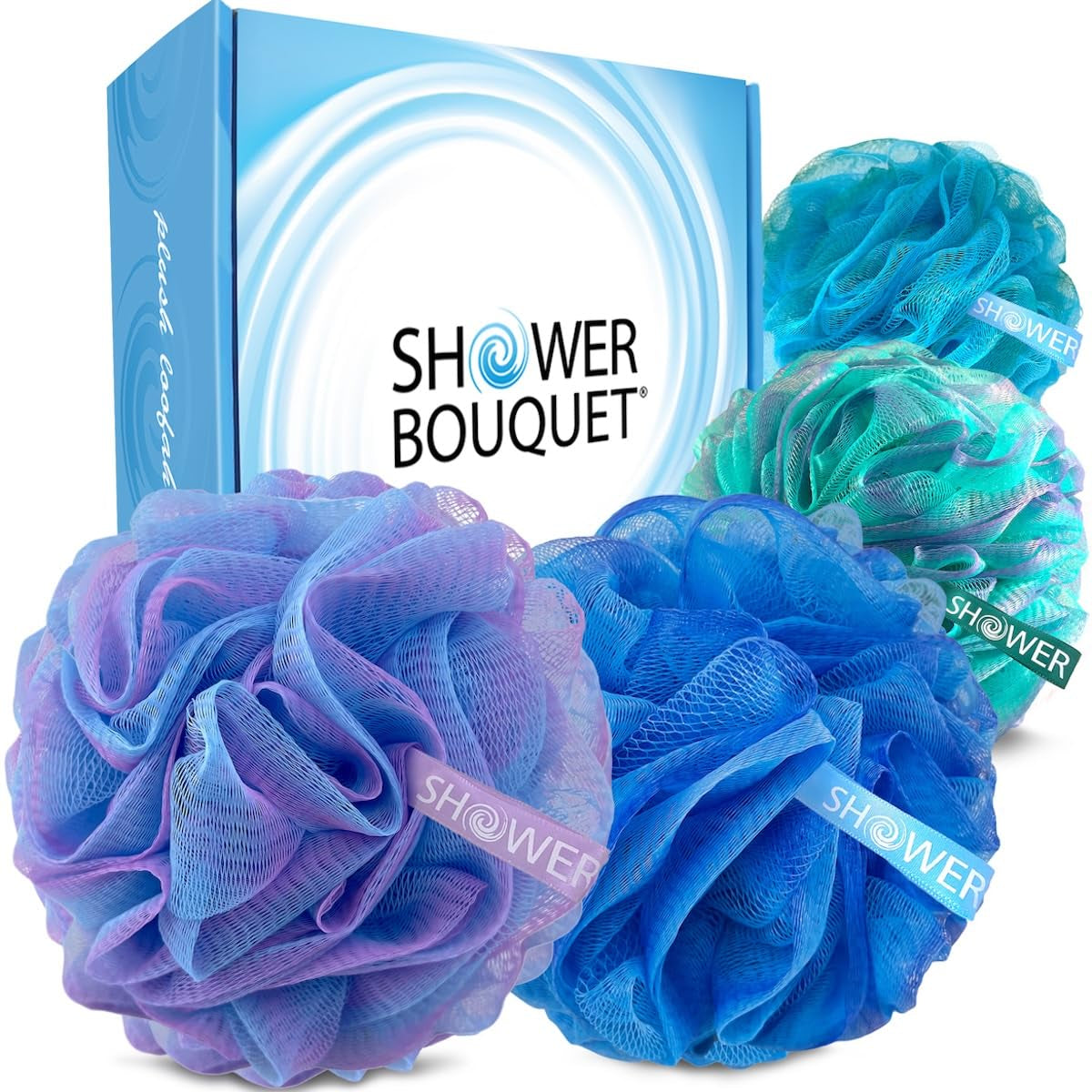 Loofah-Charcoal Bath-Sponge Xl-Color-4-Pack // Extra Large 75G Soft Mesh Black Luffa Loofa Loufa Puff Set/Exfoliating Body Scrubber for Women and Men - Exfoliate & Soothe Face & Body