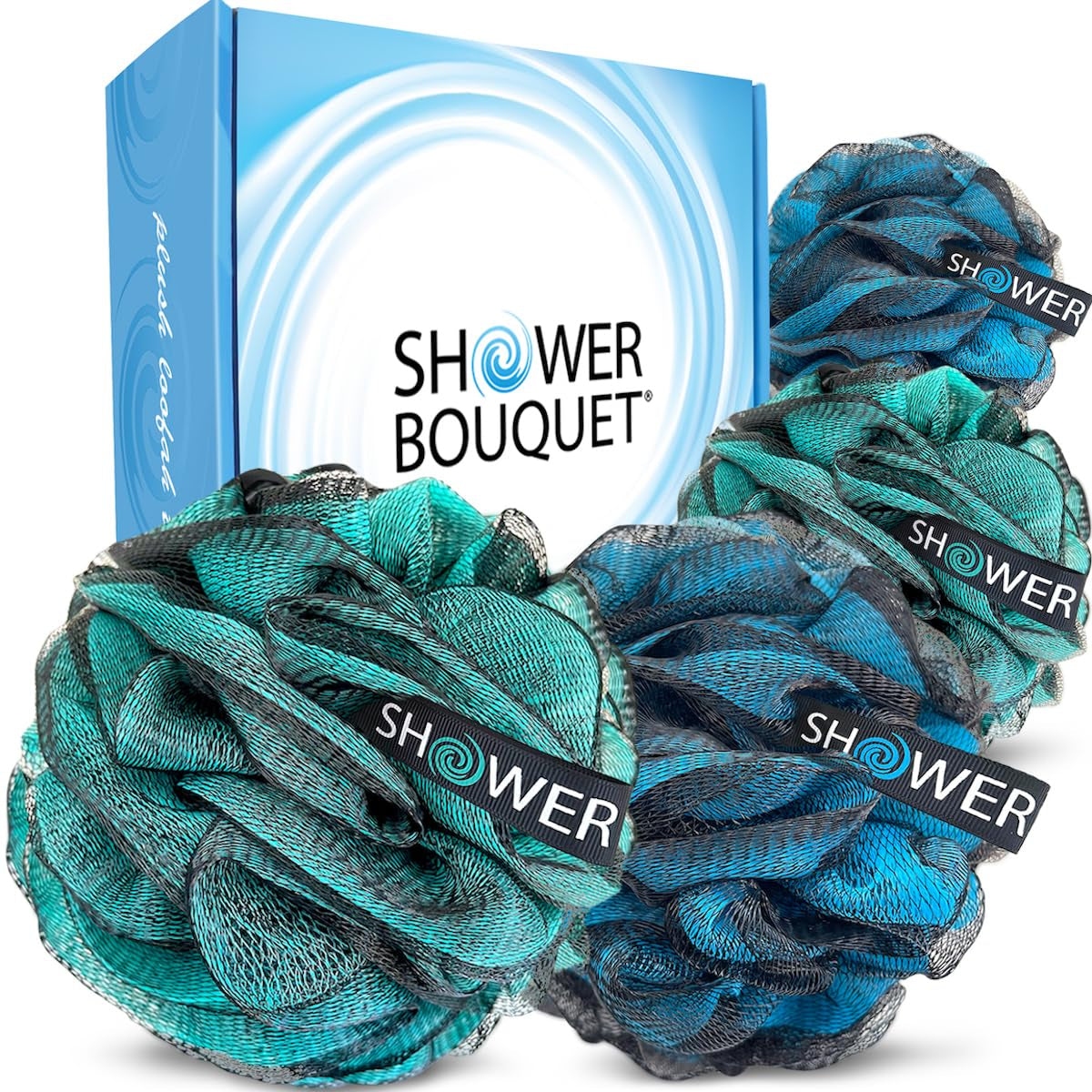 Loofah-Charcoal Bath-Sponge Xl-Color-4-Pack // Extra Large 75G Soft Mesh Black Luffa Loofa Loufa Puff Set/Exfoliating Body Scrubber for Women and Men - Exfoliate & Soothe Face & Body